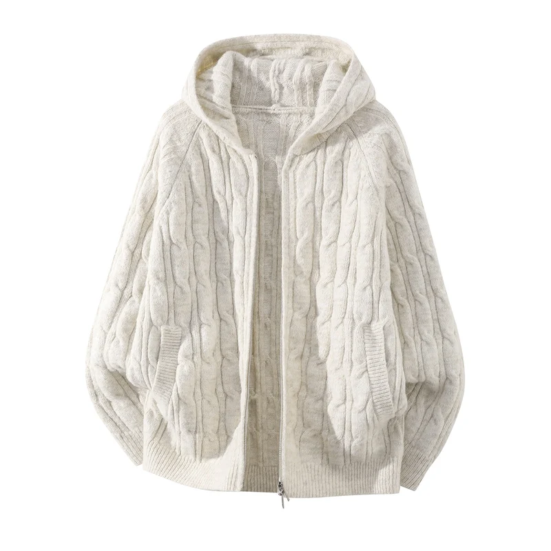 Damen Oversize Kapuzen-Strickjacke mit Zopfmuster und teilbarem Reißverschluss Drune