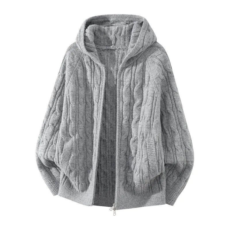 Damen Oversize Kapuzen-Strickjacke mit Zopfmuster und teilbarem Reißverschluss Drune