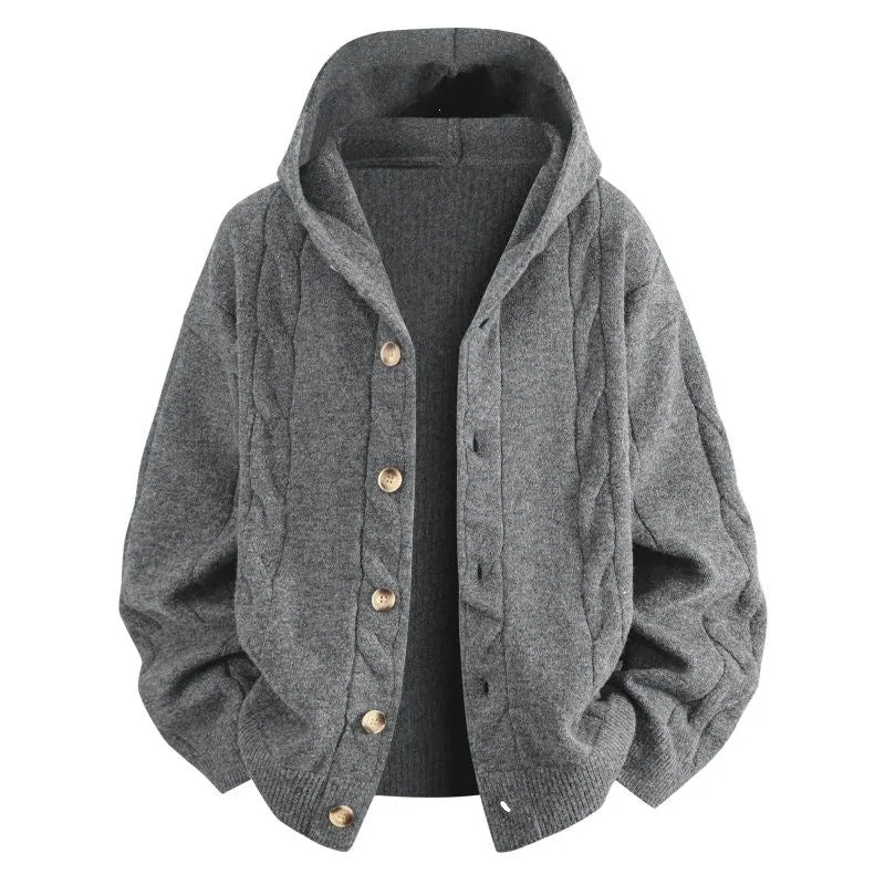 Damen Oversize-Kapuzen-Strickjacke mit Zopfmuster & Knopfleiste Drune