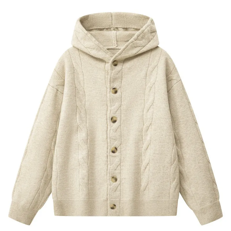 Damen Oversize-Kapuzen-Strickjacke mit Zopfmuster & Knopfleiste Drune