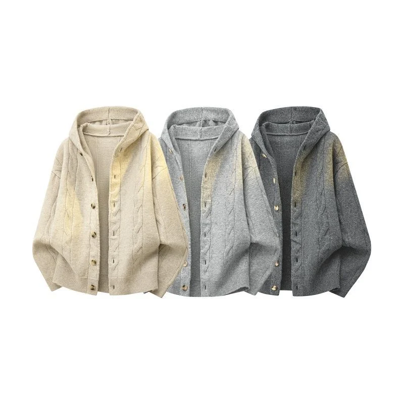 Damen Oversize-Kapuzen-Strickjacke mit Zopfmuster & Knopfleiste Drune