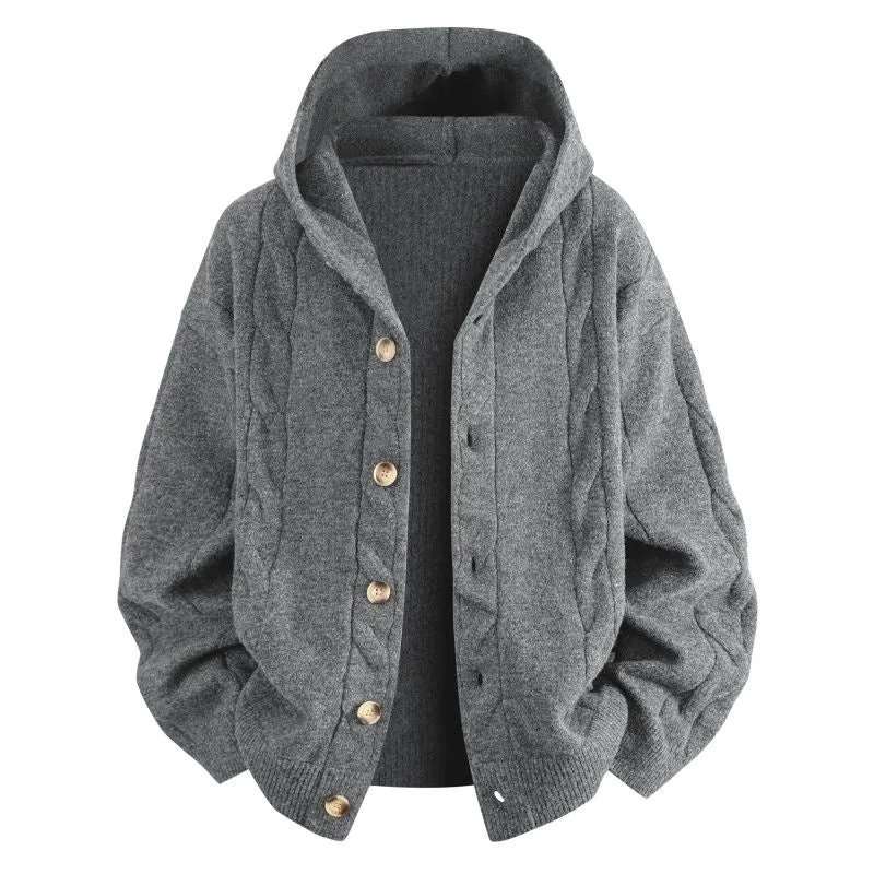 Damen Oversize-Kapuzen-Strickjacke mit Zopfmuster & Knopfleiste Drune