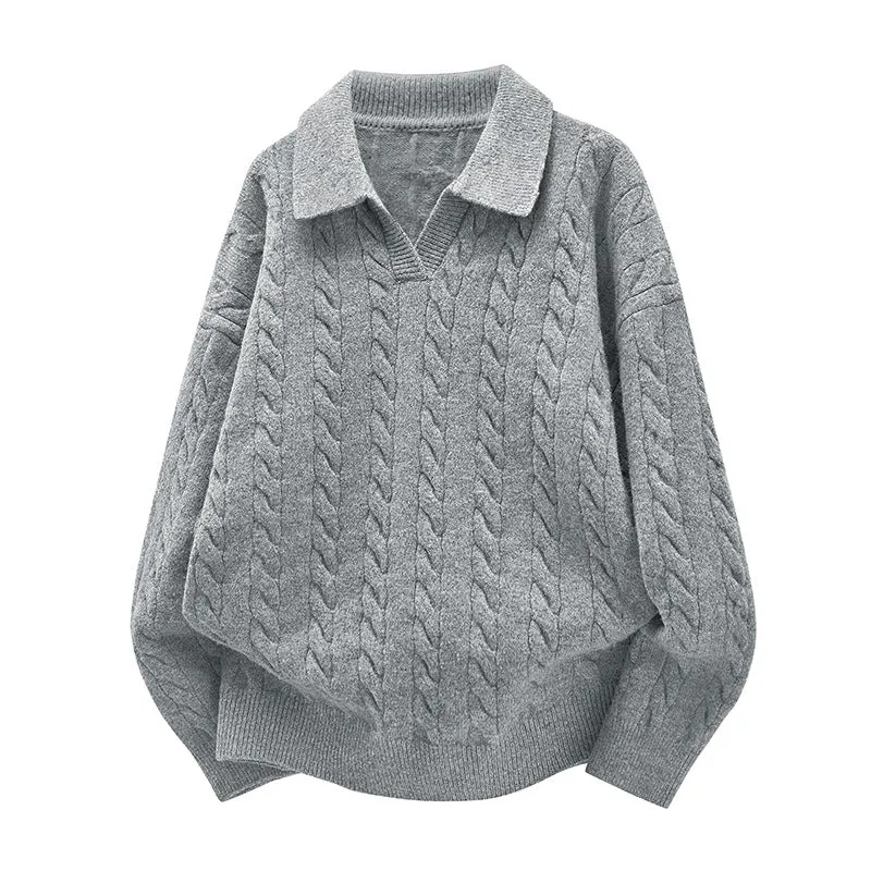 Damen Oversize Kabelstrick-Polo-Pullover mit V‑Ausschnitt und geripptem Saum Drune