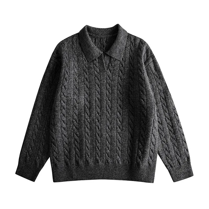Damen Oversize Kabelstrick-Polo-Pullover mit V‑Ausschnitt und geripptem Saum Drune