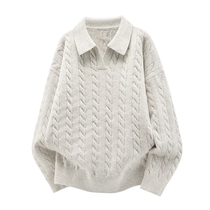 Damen Oversize Kabelstrick-Polo-Pullover mit V‑Ausschnitt und geripptem Saum Drune