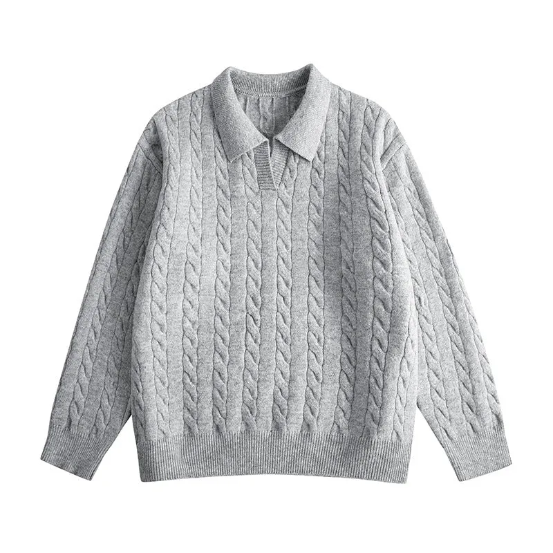 Damen Oversize Kabelstrick-Polo-Pullover mit V‑Ausschnitt und geripptem Saum Drune