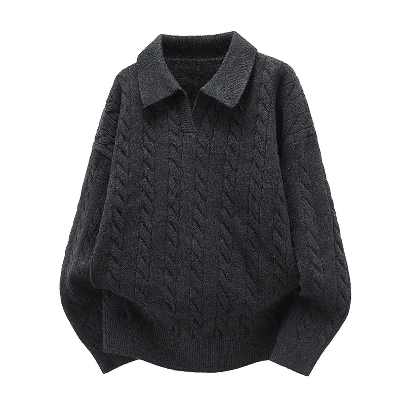 Damen Oversize Kabelstrick-Polo-Pullover mit V‑Ausschnitt und geripptem Saum Drune