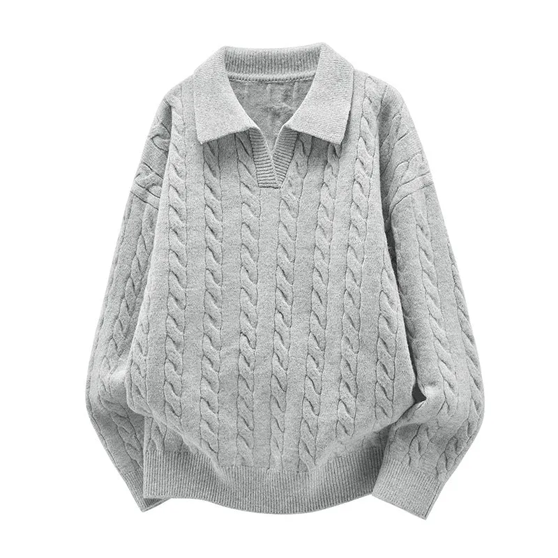 Damen Oversize Kabelstrick-Polo-Pullover mit V‑Ausschnitt und geripptem Saum Drune