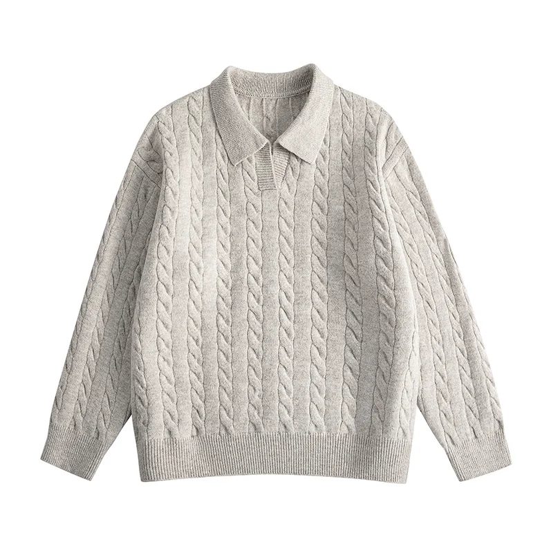 Damen Oversize Kabelstrick-Polo-Pullover mit V‑Ausschnitt und geripptem Saum Drune