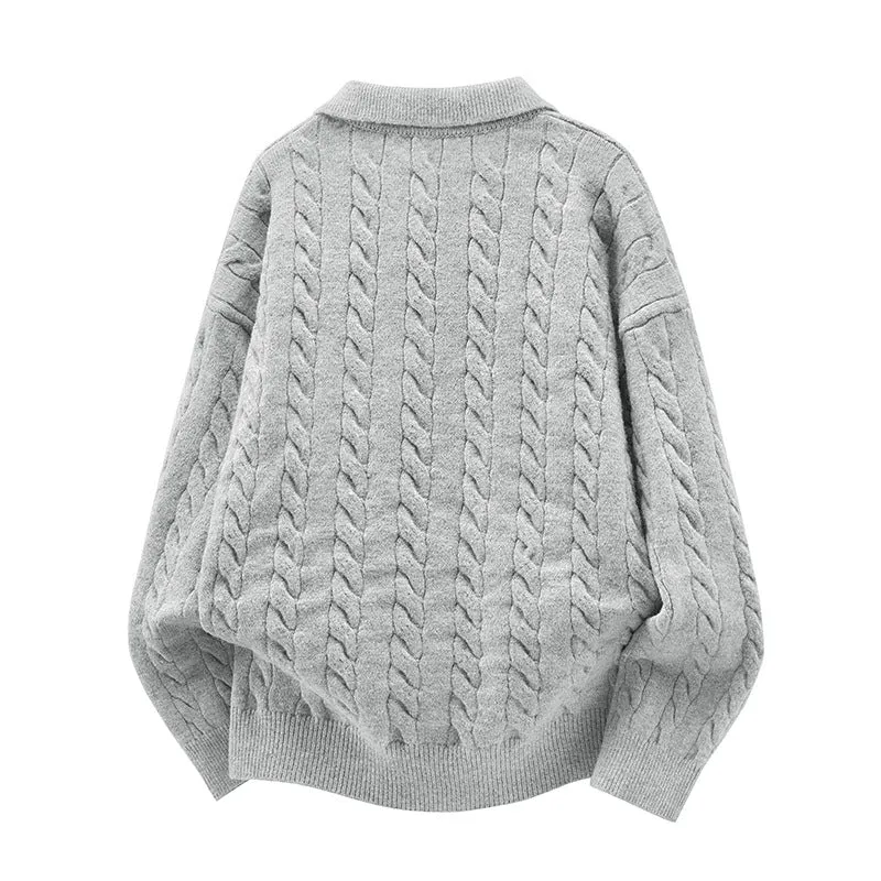 Damen Oversize Kabelstrick-Polo-Pullover mit V‑Ausschnitt und geripptem Saum Drune