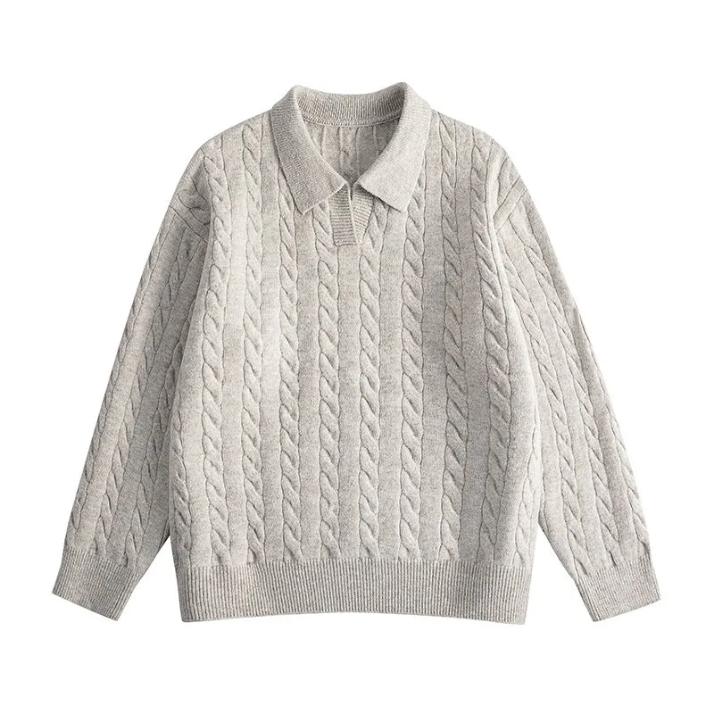 Damen Oversize Kabelstrick-Polo-Pullover mit V‑Ausschnitt und geripptem Saum Drune