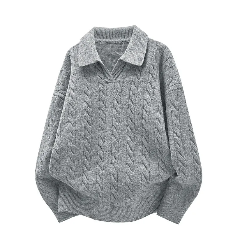 Damen Oversize Kabelstrick-Polo-Pullover mit V‑Ausschnitt und geripptem Saum Drune