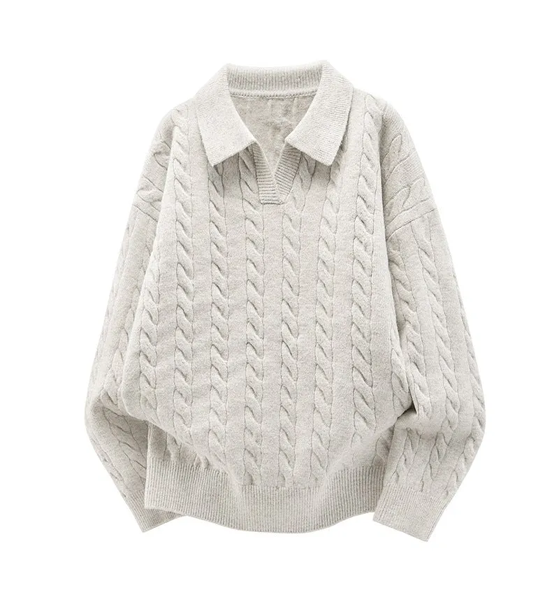 Damen Oversize Kabelstrick-Polo-Pullover mit V‑Ausschnitt und geripptem Saum Drune