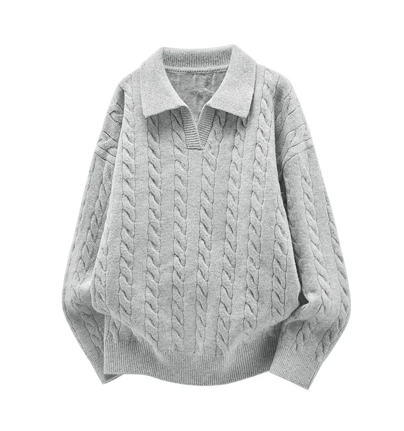 Damen Oversize Kabelstrick-Polo-Pullover mit V‑Ausschnitt und geripptem Saum Drune