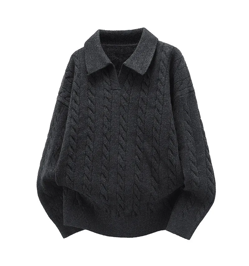 Damen Oversize Kabelstrick-Polo-Pullover mit V‑Ausschnitt und geripptem Saum Drune