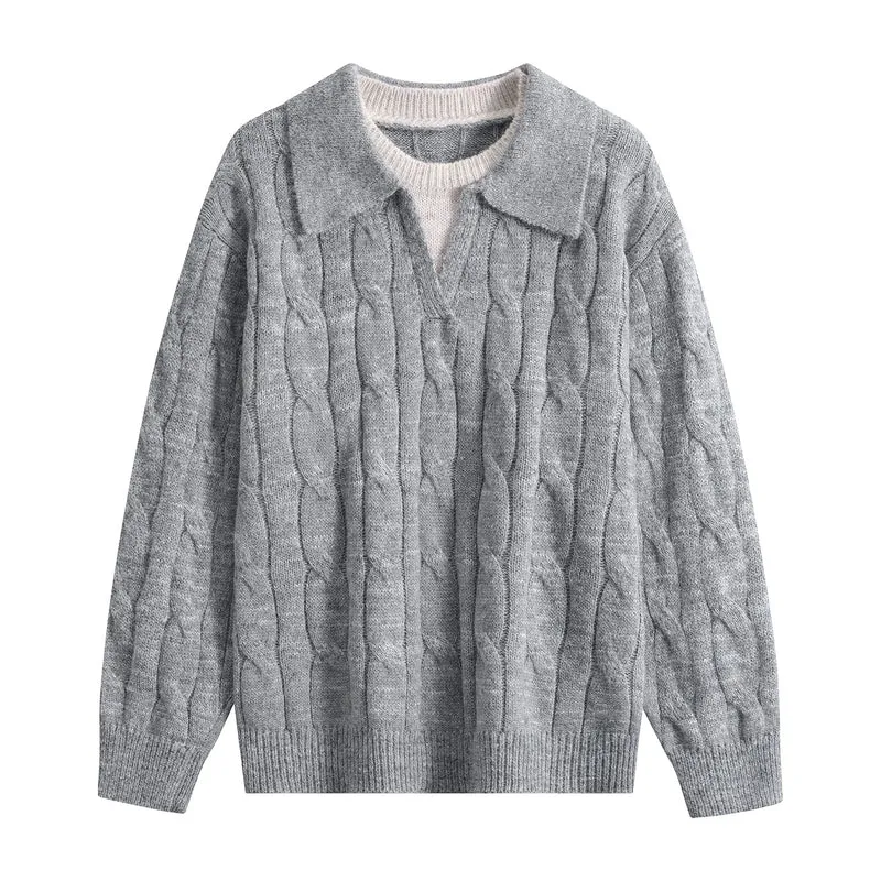Damen Oversize Grobstrick-Pullover mit Polokragen und Zopfmuster Drune