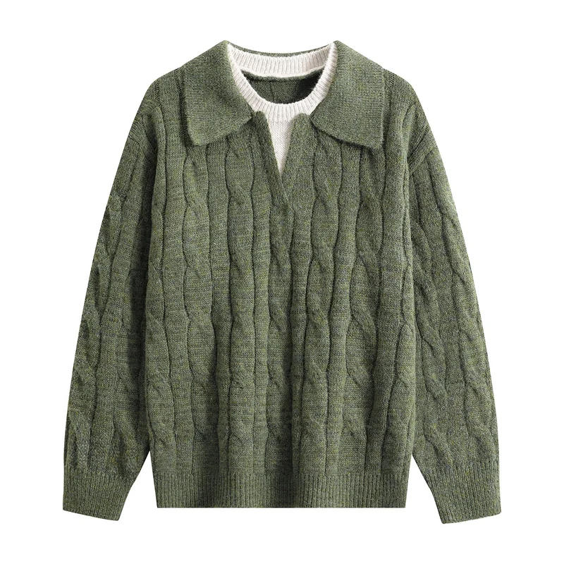 Damen Oversize Grobstrick-Pullover mit Polokragen und Zopfmuster Drune
