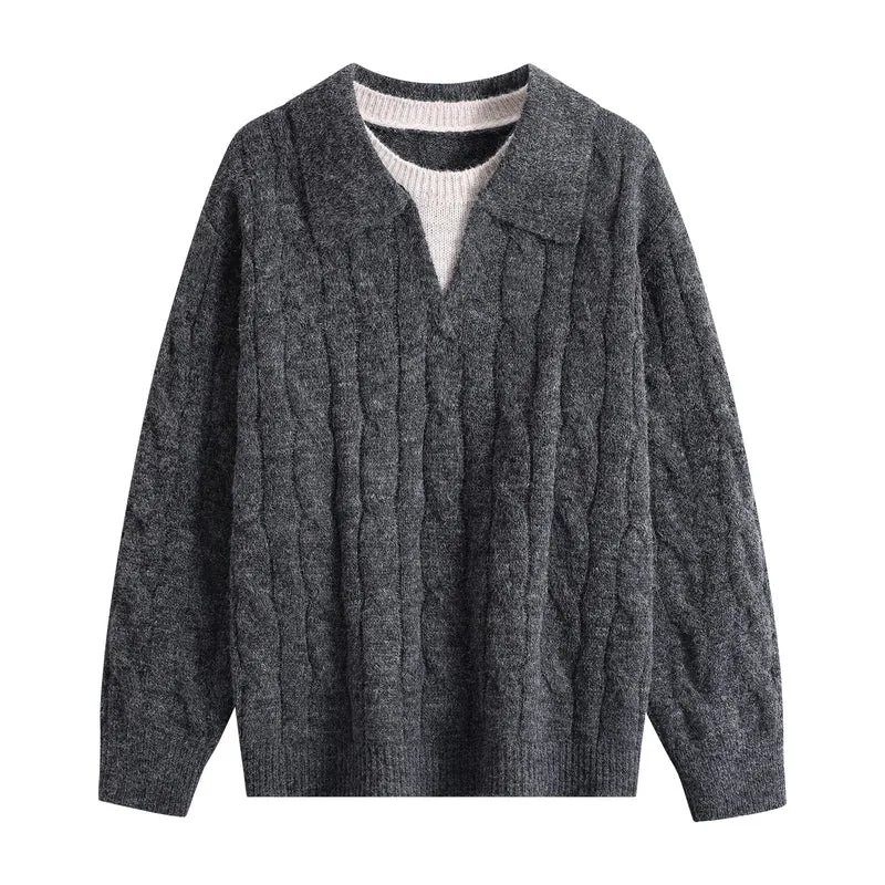 Damen Oversize Grobstrick-Pullover mit Polokragen und Zopfmuster Drune