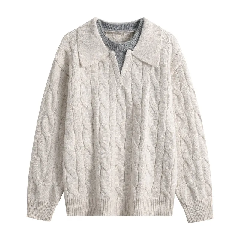 Damen Oversize Grobstrick-Pullover mit Polokragen und Zopfmuster Drune