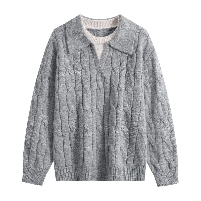 Damen Oversize Grobstrick-Pullover mit Polokragen und Zopfmuster Drune