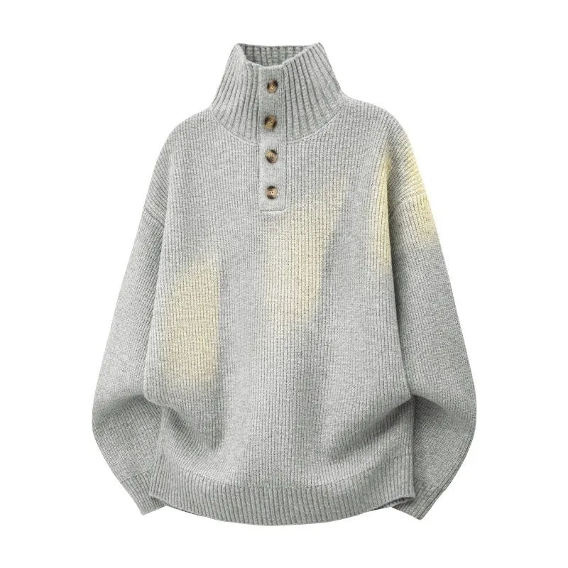 Damen Oversize Grobstrick-Pullover mit Knopfleiste am Stehkragen und Raglanärmeln Drune