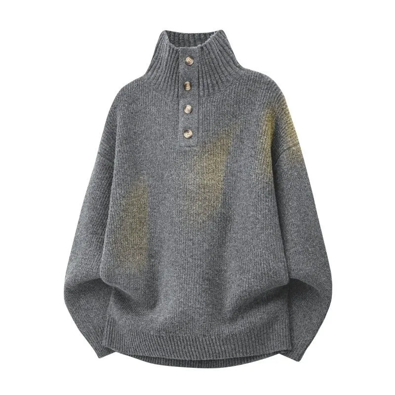 Damen Oversize Grobstrick-Pullover mit Knopfleiste am Stehkragen und Raglanärmeln Drune