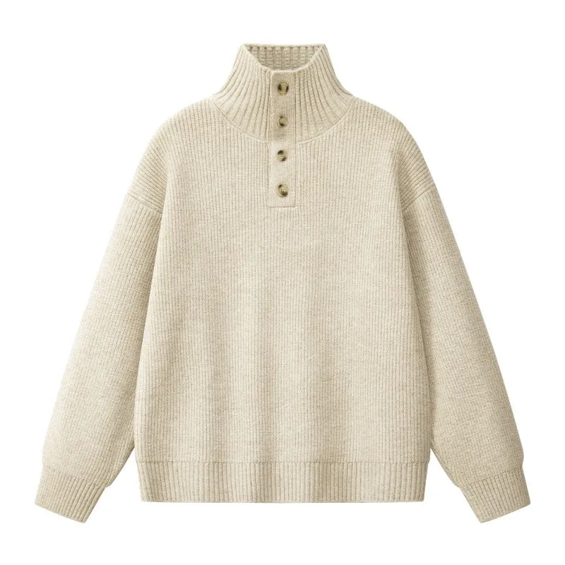 Damen Oversize Grobstrick-Pullover mit Knopfleiste am Stehkragen und Raglanärmeln Drune