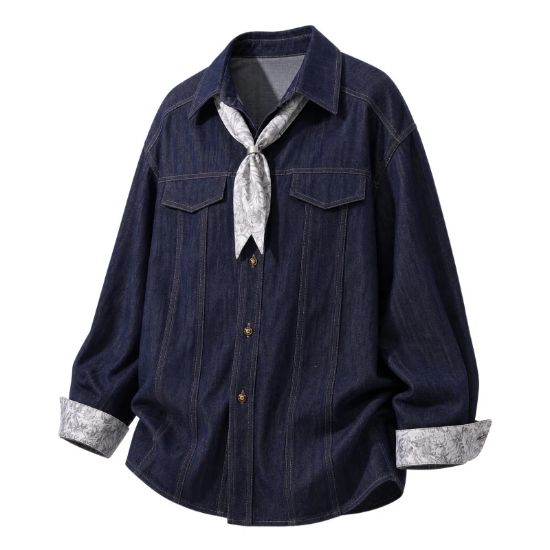 Damen Oversize-Chambray-Hemdbluse mit Ziernähten, Brustklappen & integriertem Halstuch Drune