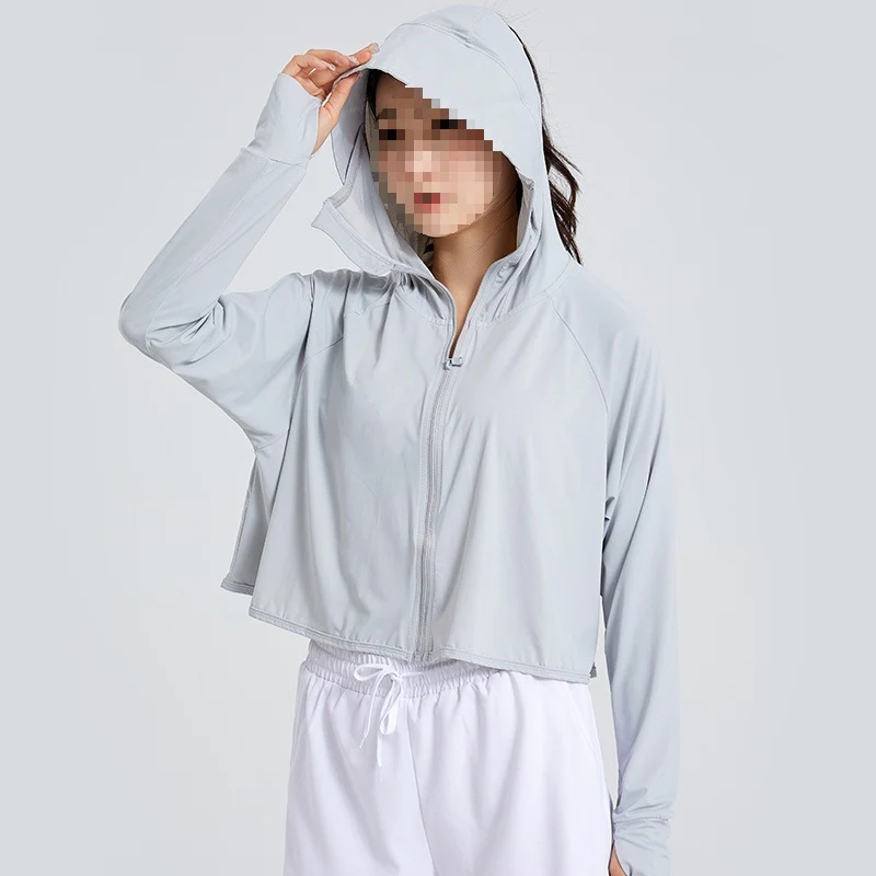 Damen Leichte Sportliche UV-Schutz-Kapuzenjacke mit kurzem Cropped‑Schnitt, Raglanärmeln & Daumenlöchern Drune