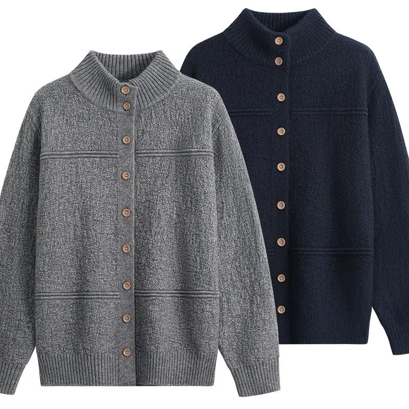 Damen Langer Oversize-Wollmix-Cardigan mit hohem Rippenkragen und Vintage-Knöpfen Drune