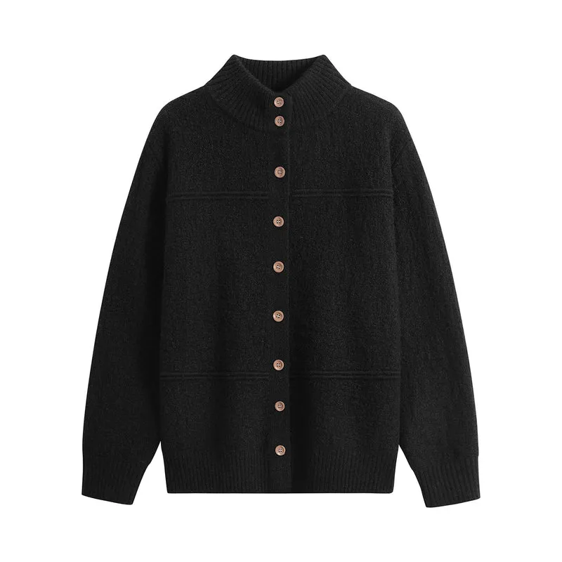Damen Langer Oversize-Wollmix-Cardigan mit hohem Rippenkragen und Vintage-Knöpfen Drune