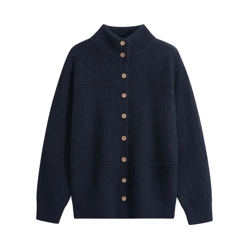 Damen Langer Oversize-Wollmix-Cardigan mit hohem Rippenkragen und Vintage-Knöpfen Drune