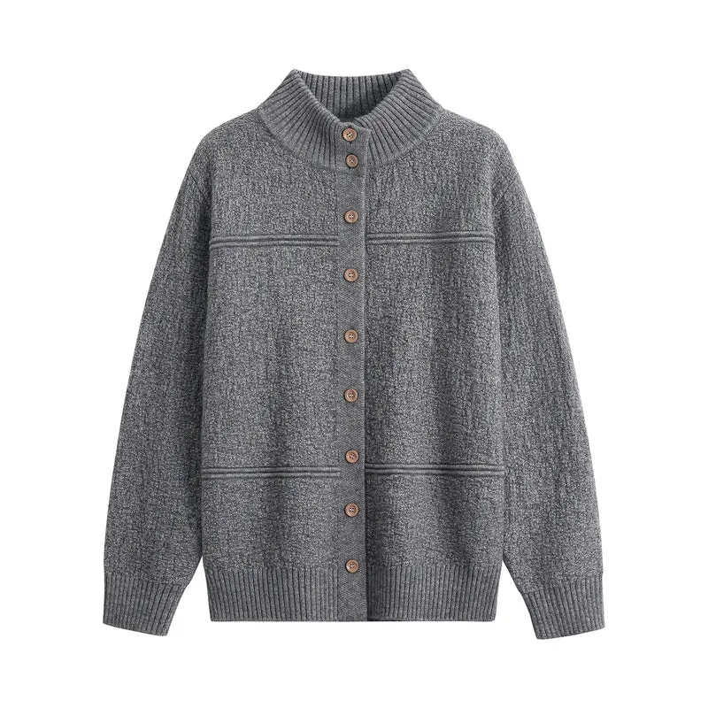 Damen Langer Oversize-Wollmix-Cardigan mit hohem Rippenkragen und Vintage-Knöpfen Drune