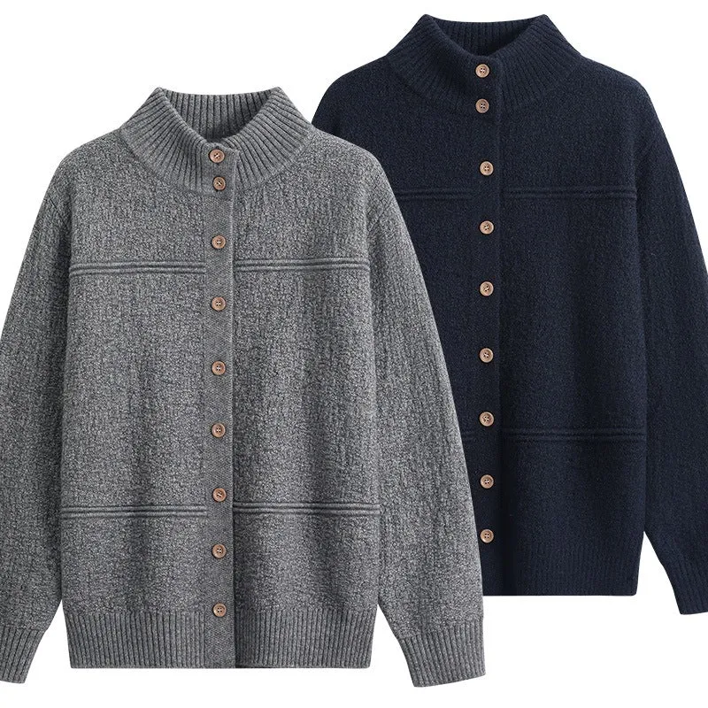 Damen Langer Oversize-Wollmix-Cardigan mit hohem Rippenkragen und Vintage-Knöpfen Drune