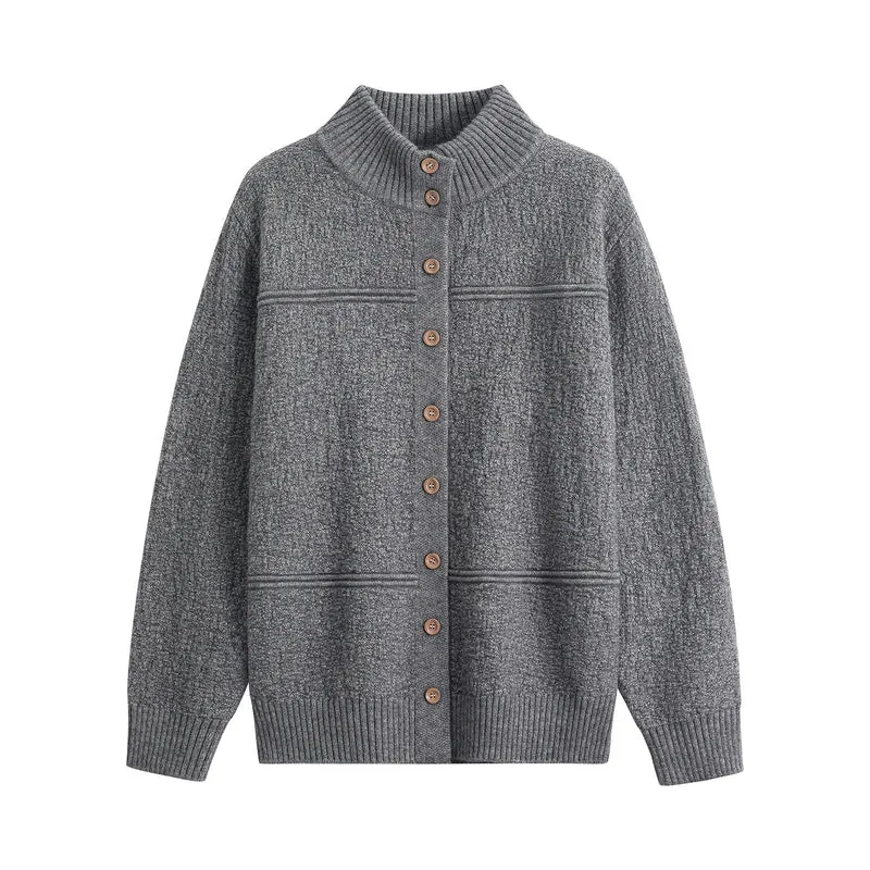 Damen Langer Oversize-Wollmix-Cardigan mit hohem Rippenkragen und Vintage-Knöpfen Drune