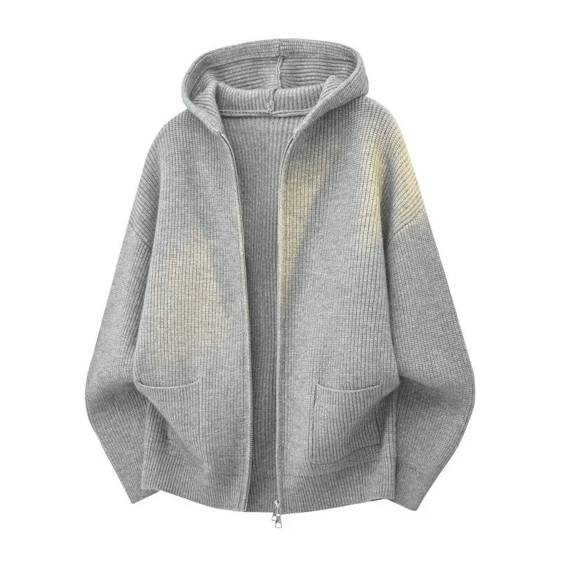 Damen Kuschelige Oversize-Rippstrick-Kapuzenjacke mit Zwei-Wege-Reißverschluss & aufgesetzten Taschen Drune