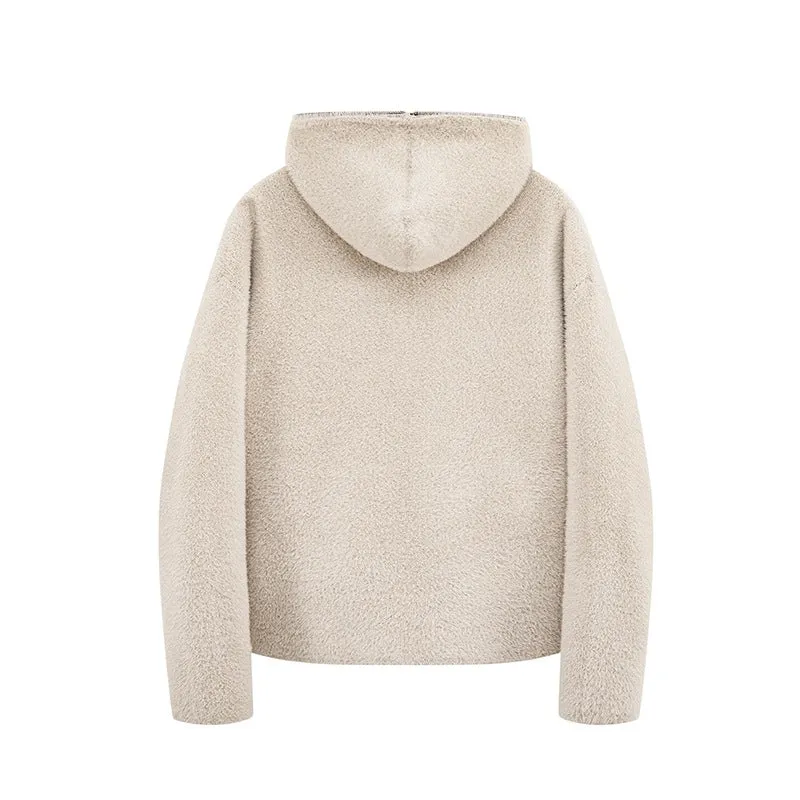 Damen Kurz geschnittene Teddy-Fleece-Kapuzenjacke mit Metall-Reißverschluss Drune