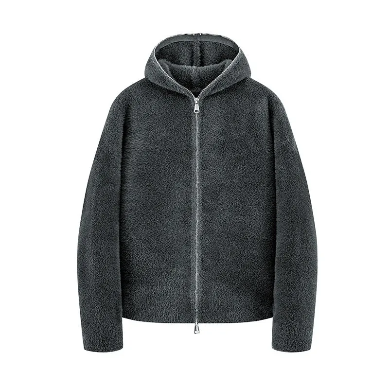 Damen Kurz geschnittene Teddy-Fleece-Kapuzenjacke mit Metall-Reißverschluss Drune