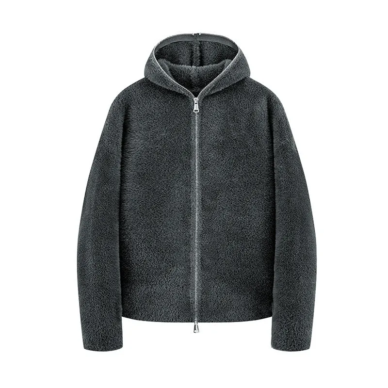Damen Kurz geschnittene Teddy-Fleece-Kapuzenjacke mit Metall-Reißverschluss Drune