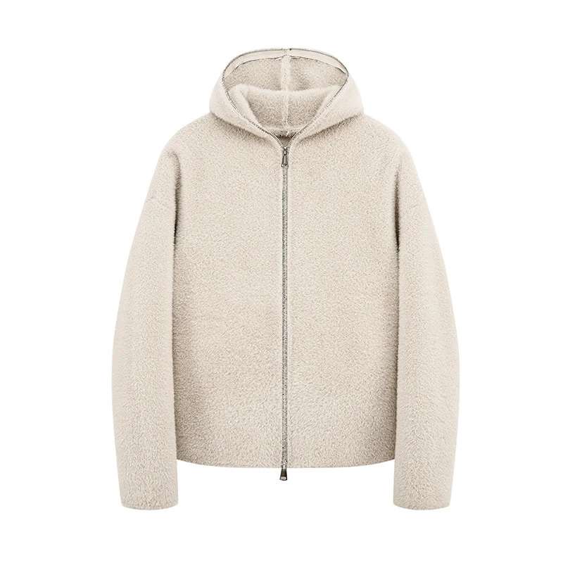 Damen Kurz geschnittene Teddy-Fleece-Kapuzenjacke mit Metall-Reißverschluss Drune
