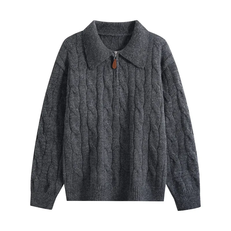 Damen Grobgestrickter Troyer-Pullover mit Halbreißverschluss & Oversize-Kragen Drune