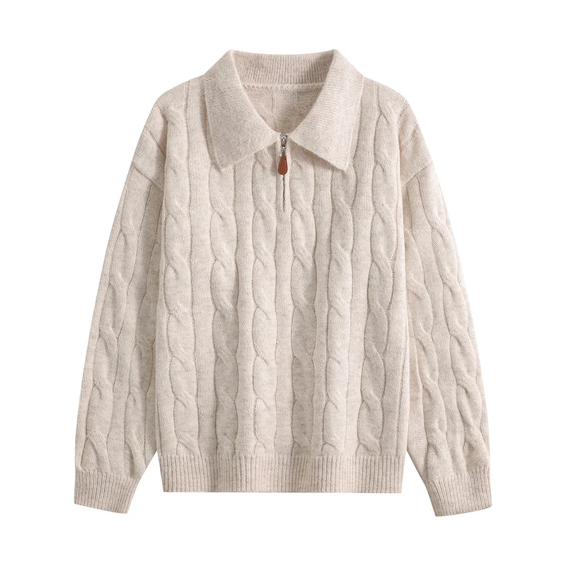 Damen Grobgestrickter Troyer-Pullover mit Halbreißverschluss & Oversize-Kragen Drune