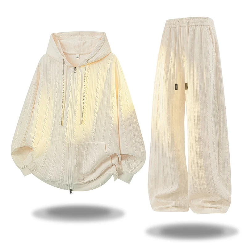 Damen Gehäkeltes Cable-Knit Lounge-Set mit Kapuzen‑Zipjacke & Palazzo‑Hose Drune