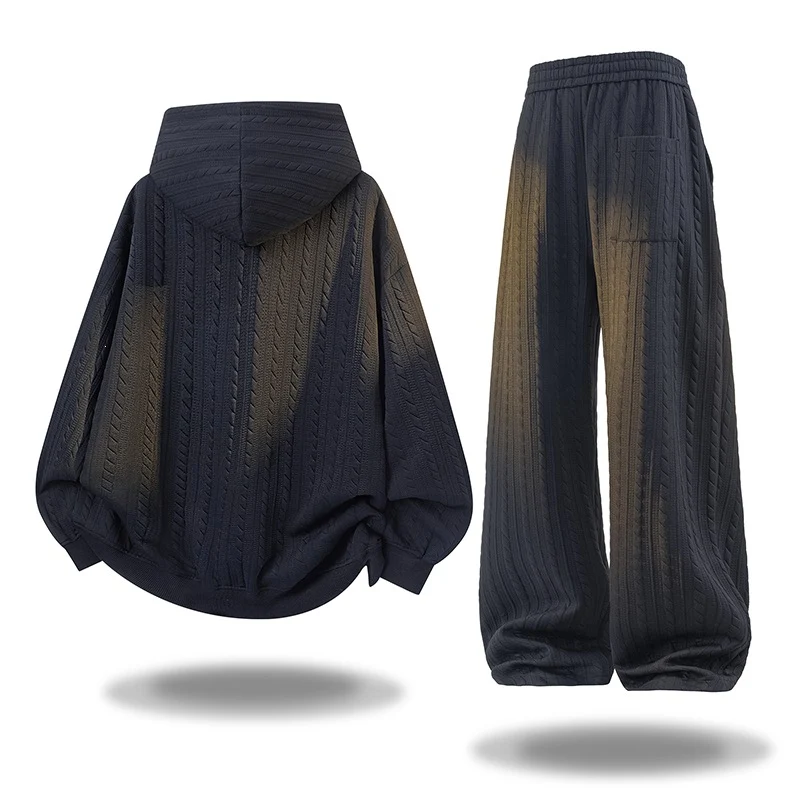 Damen Gehäkeltes Cable-Knit Lounge-Set mit Kapuzen‑Zipjacke & Palazzo‑Hose Drune