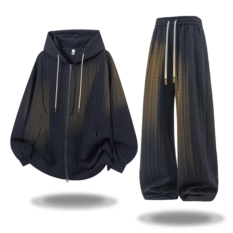 Damen Gehäkeltes Cable-Knit Lounge-Set mit Kapuzen‑Zipjacke & Palazzo‑Hose Drune