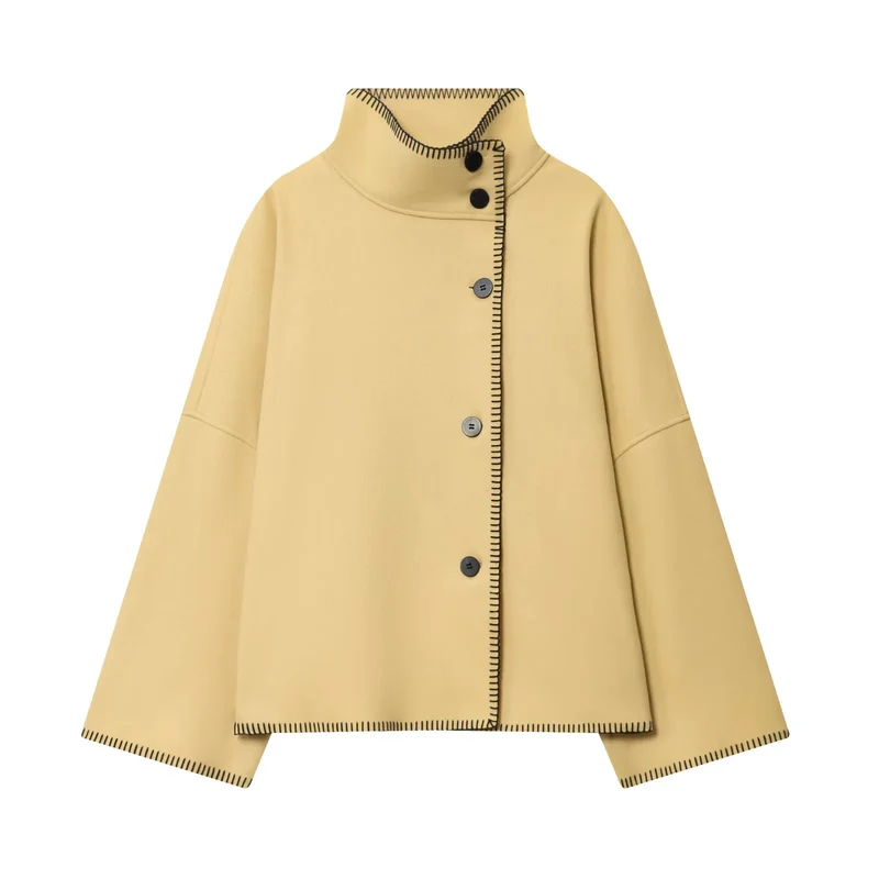 Damen nan weite Wollcape-Jacke mit hohem Stehkragen und asymmetrischer Knopfleiste Drune