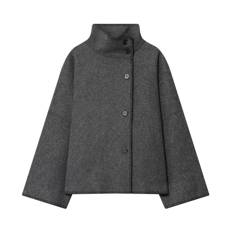 Damen nan weite Wollcape-Jacke mit hohem Stehkragen und asymmetrischer Knopfleiste Drune
