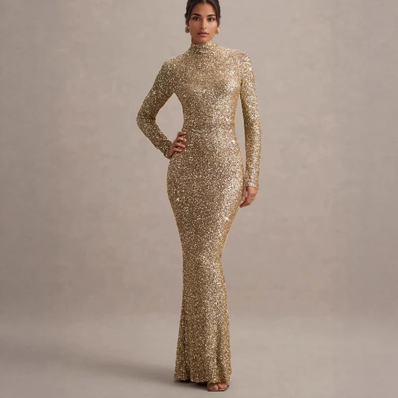 Damen Glitzerndes Abendkleid mit hohem Kragen und figurbetontem Schnitt Drune