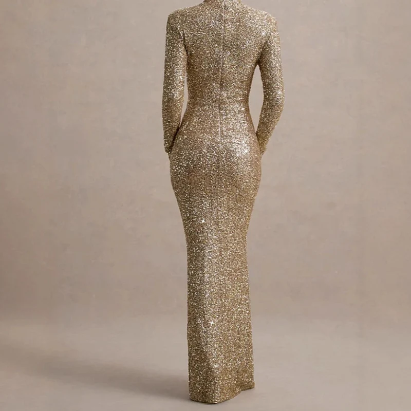 Damen Glitzerndes Abendkleid mit hohem Kragen und figurbetontem Schnitt Drune
