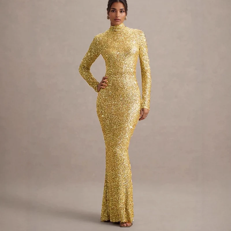 Damen Glitzerndes Abendkleid mit hohem Kragen und figurbetontem Schnitt Drune